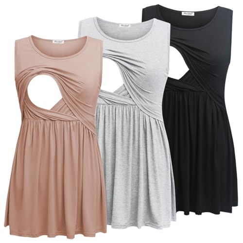 Bearsland Women's Maternity Nursing Tank Tops Sleeveless Scoop Neck Soft Breastfeeding Shirt, Black & Light Grey & Dirty Pink, M