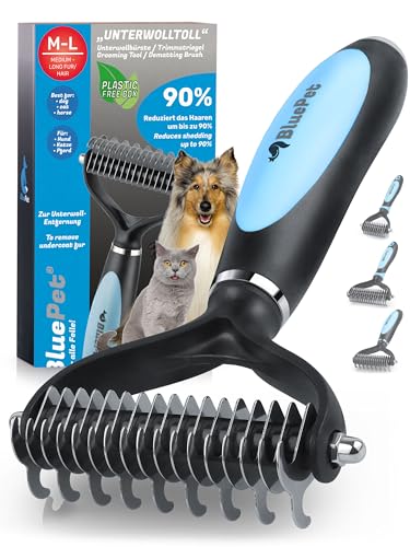 BluePet UnterwollToll 2.0 Hundebürste langhaar & Katzenbürste langhaar I Unterwollkamm entfernt Unterwolle & Verfilzungen I Deckhaarschutz & Knoten Entfernen I Unterfellbürste für Fellwechsel