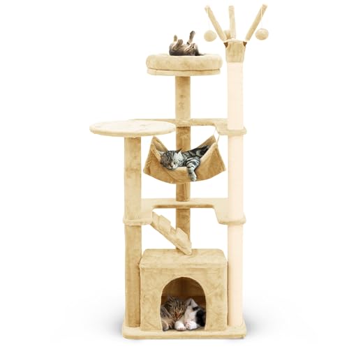 Furdreams Kratzbaum mit Hängematte, Leiter, Pompons & Verstecke – Perfektes mehrstöckiges Kletterhaus für Katzenaktivität, Spiel- und Entspannungszentrum – ideal für Indoor-Katzen – einfache Montage