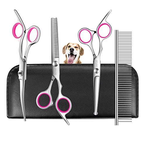 TOPGOOSE Hundepflege Schere Set, Sicherheit Runde Spitze Grooming Tools 6 Stück Kit für Haustiere Hunde Katzen Ganzkörper - Professionelle gebogen, Ausdünnen, gerade Schere, Kamm (Rosa)