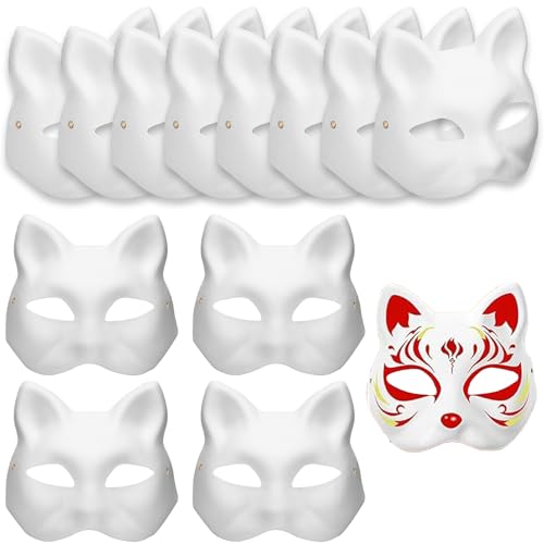 zrfgbxim 12 Stück Katzenmasken, Therian Mask, Fuchs Maske, Weißes DIY Masken zum Anmalen, DIY Papier Maske, Leere Cat Mask für Halloween Cosplay Maskerade Party Maskenball Masken Unbemalte Stütze