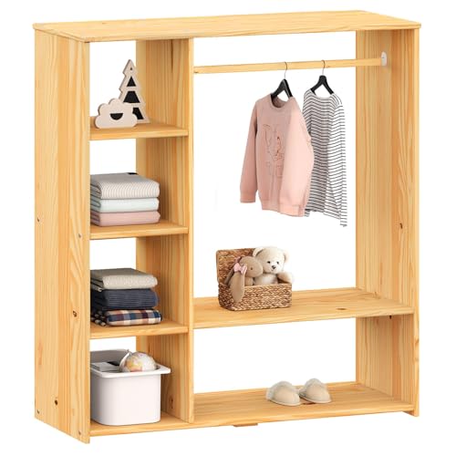 IDIMEX Kinderschrank Rafael mit Kleiderstange aus Kiefer - Offener Schrank mit Fächern und Ablagen, Skandinavisches Design, Kinderregal nach Montessori Prinzipien