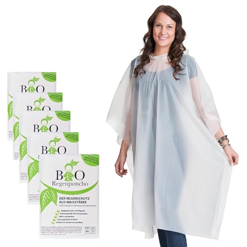 Cedelli® Bio Regenponcho für Festival | 5 Stück | 100% Biologisch Abbaubar! Damen & Herren Einweg Regencape - Bio Poncho für die Umwelt!