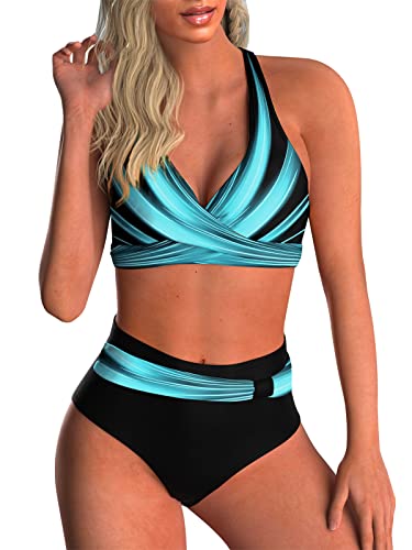 Adigaber Damen Zweiteiliger Badeanzug V Ausschnitt überkreuztes Blumenmuster Bikini Bademode Bauchkontrolle Bikini Sets L Blau gestreift