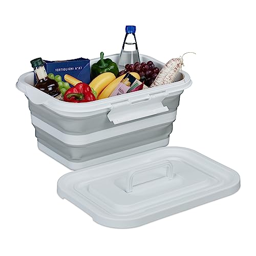 Relaxdays Faltkorb mit Deckel, 17 l, tragbarer Einkaufskorb, HBT: 23x46x33 cm, Camping & Picknick, Kunststoff, weiß/grau