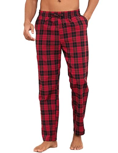 Litherday Schlafanzughose Herren Lang Kariert Pyjamahose 100% Baumwolle Nachtwäsche Hose mit 2 Taschen, Rot+schwarz, M