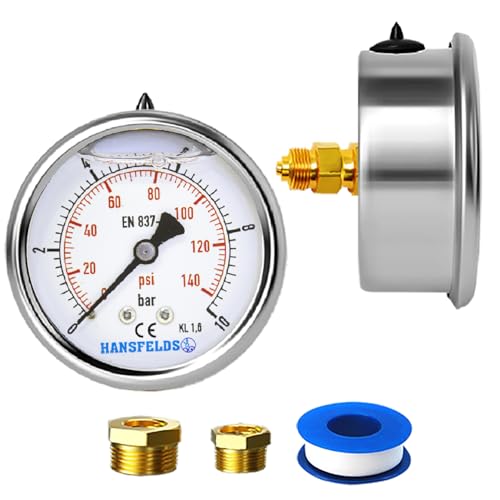 Hansfelds Manometer 0–10 bar/psi 63mm Zifferblatt flüssigkeit gefüllt 1/4 Zoll BSP Anschluss von hinten Messing innen und Anschluss Doppelskala bar/psi Genauigkeit 1,6