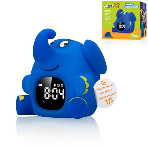 Bresser DieMaus Lichtwecker für Kinder – Elefant, Nachtlicht in 3 Stufen, kindersicheres Silikon, 6 Wecktöne, USB-C, Schlummerfunktion