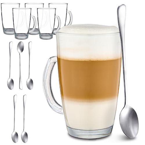 Cosumy 6 Latte Macchiato Gläser mit Henkel und Löffel - 300ml - Hält lange warm - Ideale Größe für Kaffeevollautomaten - Spülmaschinenfest