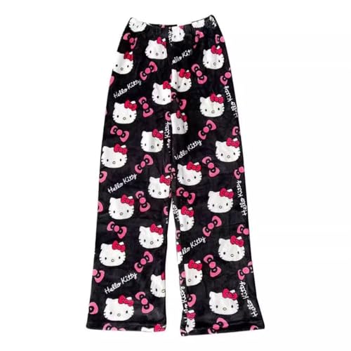Pyjama Hosen Damen Flanell Schlafanzughose Damen Lang Schlafhose Weich Kawaii Pyjamas Anime Bequeme Kuschelig Flauschig Home Casual Winter Schlafanzughose (Schwarz, M)
