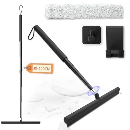 Shower Squeegee Duschabzieher Long Handle, Fensterwischer und Fensterabzieher 2 in 1, 120cm Teleskopstange, Bodenabzieher, Wasserschieber, Glasreiniger, Fensterreiniger, Glaswischer für Dusche Schwarz