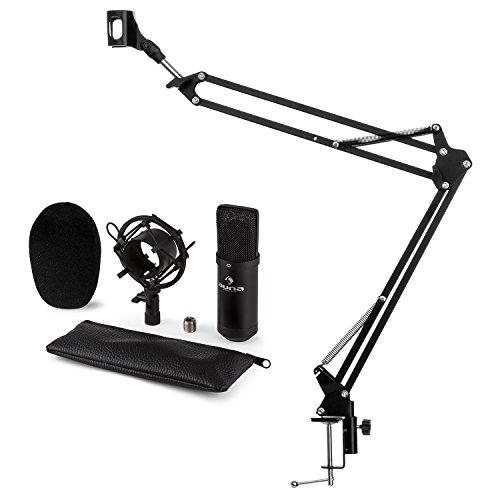 auna CM001B Mikrofon-Set V3 Kondensatormikrofon + Mikrofonarm (XLR-Mikrofon, Niere, Mikrofonspinne, Windschutz, Faltbarer Mikrofonarm mit Tischplatten-Klemmschraube) schwarz