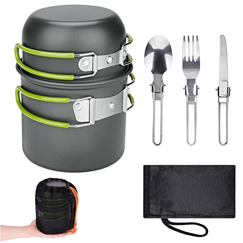 ERBO Camping Kochgeschirr Set, Camping Topf aus Aluminium, Outdoor Kochgeschirr mit Faltbare Besteck, Campinggeschirr 2 Personen, Camping Geschirr für Wandern Angeln Picknick (Grün)