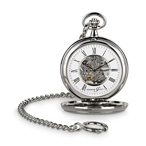 Hermann Jäckle Taschenuhr Bayreuth – Skelett-Handaufzug, Mineralglas, inkl. Kette & Reiseetui – Edle Vintage Uhr im klassischen Design