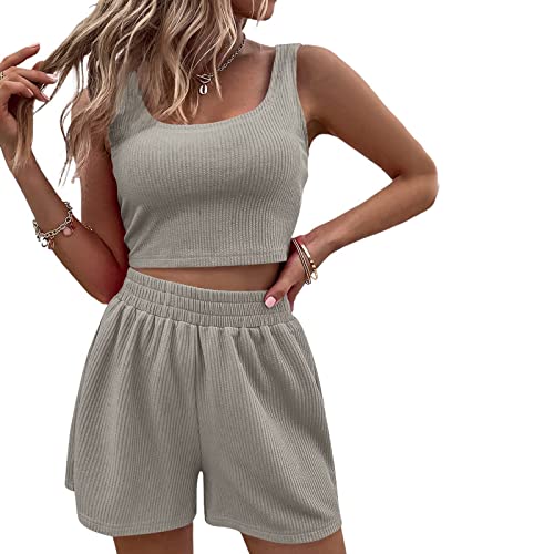 Geagodelia Damen Zweiteiler Sommer Hosenanzug Elegant Outfits Kleidung 2 Teiler Set Crop Tank Top + Shorts Y2k Aesthetic Clothes Workout Sport Anzug (A - Grau, S)