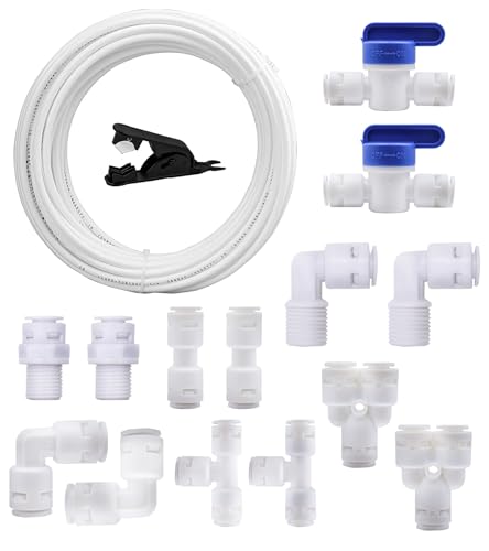 HUAZIZ 5 Meter Weiss Universal Anschluss-Set, 14 Stück RO Water Filter Fitting, für 1/4 Zoll Schlauch, Kühlschrankschlauch, Wasserschlauch (Y + T + I + L Typ + Absperrventil)