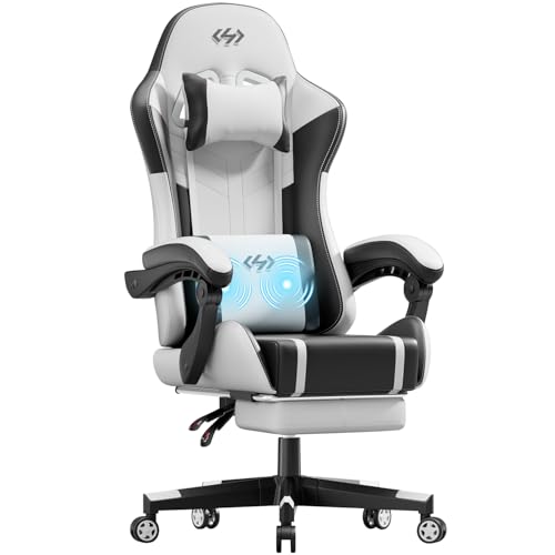 HLONONE Gaming Stuhl mit Massagefunktion, Ergonomischer Gamer Stuhl, Racing Gaming Sessel mit Fußstütze, Kopfstütze und Massage Lendenkissen, Gepolstert PC Stuhl, 150 kg Belastbarkeit, Schwarz-Weiß