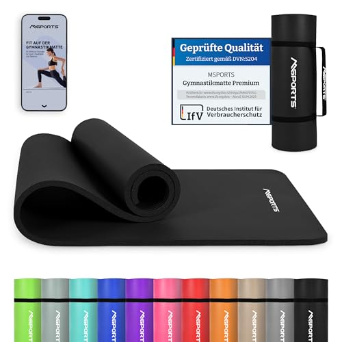 MSPORTS Gymnastikmatte Premium inkl. Tragegurt + Übungsposter + Workout App I Hautfreundliche Fitnessmatte 190 x 80 x 1,5 cm - Schwarz-Matt - Phthalatfreie Yogamatte