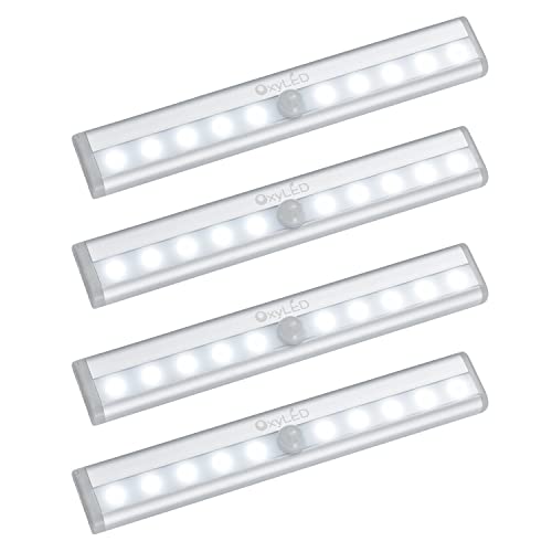 OxyLED Schranklicht mit Bewegungsmelder, Schrankbeleuchtung 4 Stück LED Bewegungsmelder Innen Batterie Mit Stick-On Magnetstreifen Auto Ein/Aus Schranklampe mit Bewegungsmelder für Treppe Küchen