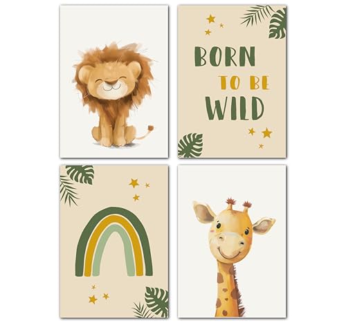 LAVEMA Bilder Kinderzimmer Deko | Babyzimmer Poster Safari Tiere | Poster A4 ohne Bilderrahmen | Wandbilder Jungen | Kinderzimmer Wanddeko Tierbilder