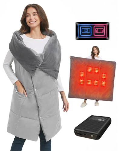 Heizdecke Kabellos mit 7.4V Akku für Herren Damen, FERNIDA Elektrische Wärmekissen Tragbar Beheizter Schal für Zuhause, Büro, Reisen, Wandern,Grau