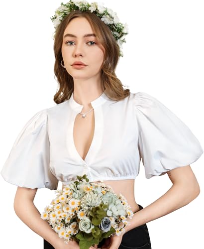 DIRNDLSTERN Bluse Damen Weiß - Dirndlbluse Puffärmel Trachtenbluse Modern Oktoberfest Outfit 38