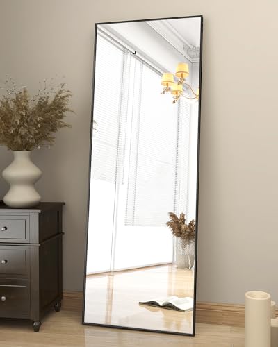 Koonmi 163 x 53 cm Standspiegel, robust Ganzkörperspiegel mit minimalistische schmaler Aluminiumrahmen, modern großer Wandspiegel stehend oder hängend für Wohnzimmer und Schlafzimmer, Schwarz