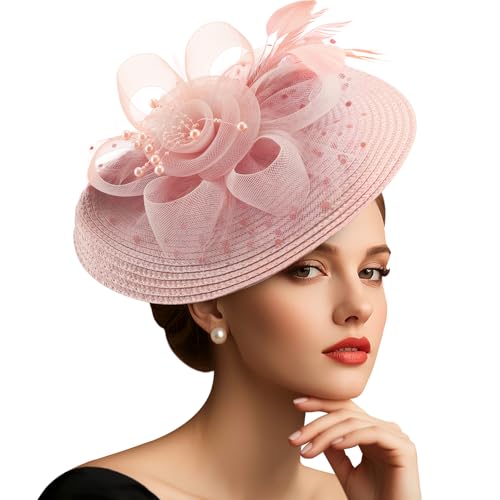 DRESHOW Mesh Damen Blume mit Perle Feder Fascinators Hut auf Einem Stirnband und Einem Gegabelten Clip Cocktail Tea Party Kopfbedeckung für Mädchen & Frauen Noble Kentucky Hut