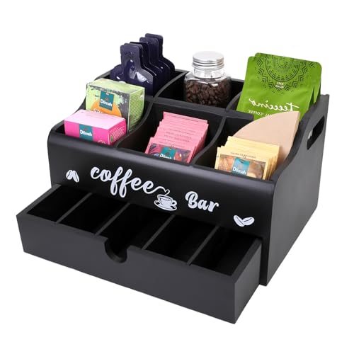 WATUNID Kaffee Station Organizer für Arbeitsplatte, Hölzerne Kaffee Bar Zubehör Organisator mit Schublade, Tee Aufbewahrung, Abnehmbare Kaffee-Pods Halter Storage Basket K Cup Zucker Condiment