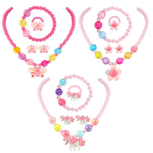 BTHRORO Kinder Schmuckset Mädchen, 15 Stück Einhorn Blumen Halskette Armband Kinder Ringe Ohrclips Haar Accessoires Prinzessin Schmuck Spielzeug Set für Mädchen Geburtstag Party Mitgebsel