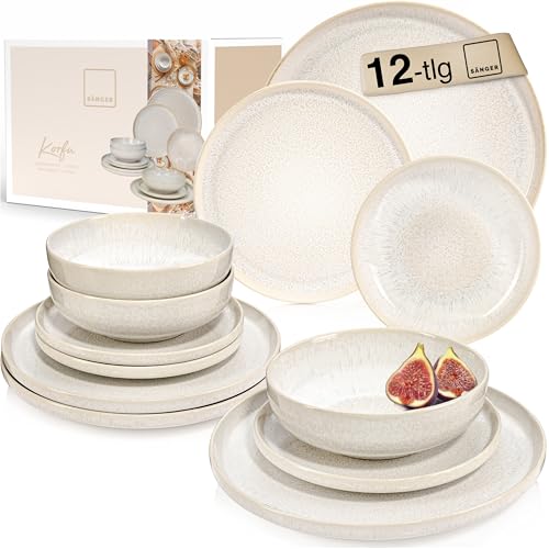 SÄNGER | Geschirrset Korfu 12 tlg, Tafelservice 4 Personen, Steingut Geschirr Handmade, Teller Set inkl. Essteller Dessertteller Tiefe Teller Creme Farben mit Sandiger Maserung | PREMIUM COLLECTION