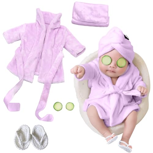 Xanewza 6 Stück Neugeborenen Fotografie Requisiten, Baby Violett Fotoshooting Kostüme, Bademäntel Badetuch Outfit mit Hausschuhe Gurke Foto Requisiten für Kleinkind Jungen Mädchen (0-6 Monate)