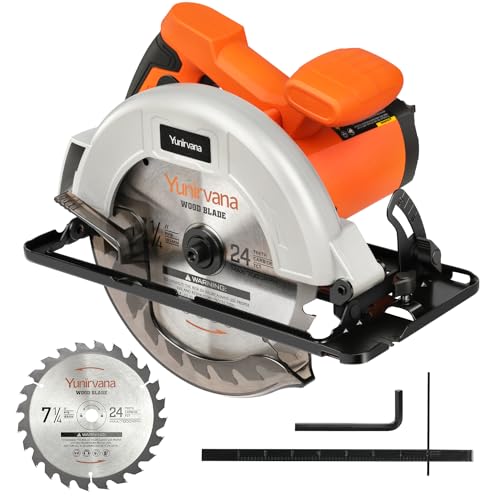 Yunirvana 1400W Kreissägen, Maximale 6000RPM, Einstellbare Schnitttiefe und -winkel: 62 mm (90°) - 48 mm (45°), Staubabsaugsystem und 185 mm Sägeblatt