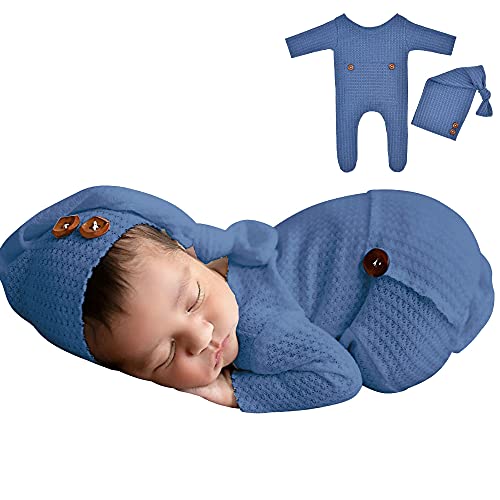 Winmany Baby Häkeln Strick Foto Fotografie Requisiten Outfits, 2PCS Neugeborene Foto Prop Strampler Hüte Kostüm Kleinkind Zubehör für 0-2 Monate (blau)