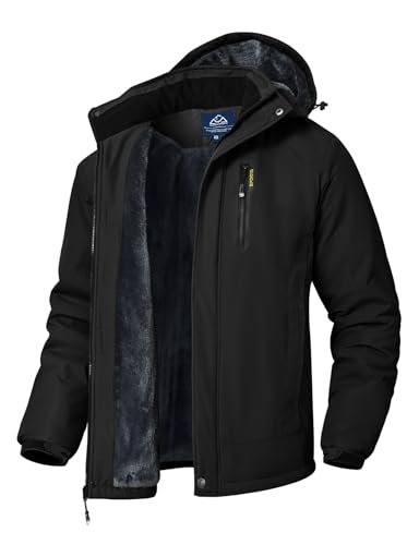 Rdruko Skijacke Herren Winterjacke Snowboardjacke Warme Fleece GefüTtert Winter Jacke Wasserdicht Funktionsjacke Männer Outdoor Wanderjacke mit Kapuze-Schwarz XL