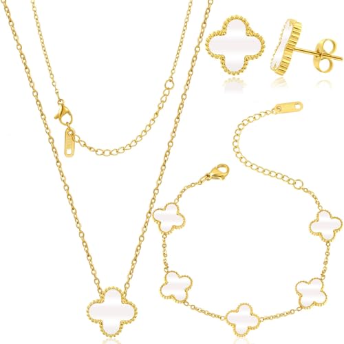 SoundZero Vierblättriges Glücksklee Schmuck Set für Damen, 18K Vergoldet Vierblättriges Kleeblatt Halskette Ohrringe Armband, Hypoallergen Schmuck Set Damen, Armband Emaille Schmuck Set (Weiß)