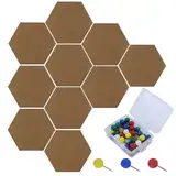 Kork 10 Stück, Korktafel Korkwand DIY, Sechseckige Korkplatte mit 50 Stück Pushpins, Selbstklebende Korkwand für Foto Hängen, Notizen, Heimdekoration und Büro Memorandum