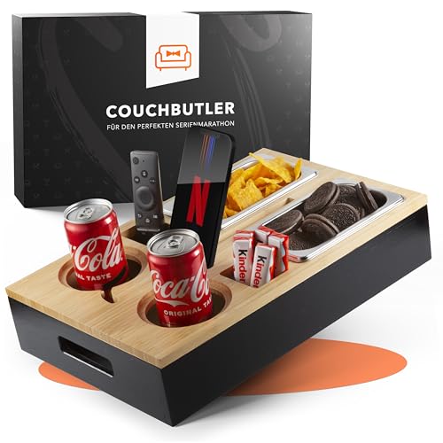 Couchbar Snackbox aus Bambus Personalisierbar inkl. Geschenkbox | Sofa Tablett mit 2 Snackschalen, 2 Getränkehalter mit Untersetzer, magnetischer Deckel, Handyhalterung