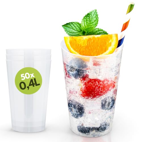 Trinklicht® 50 Mehrwegbecher | Wiederverwendbare Trinkbecher 0,4L | Bruchsicher | Spülmaschinenfest | Partybecher Plastikbecher Mehrweg | Kunststoff Becher in Transparent