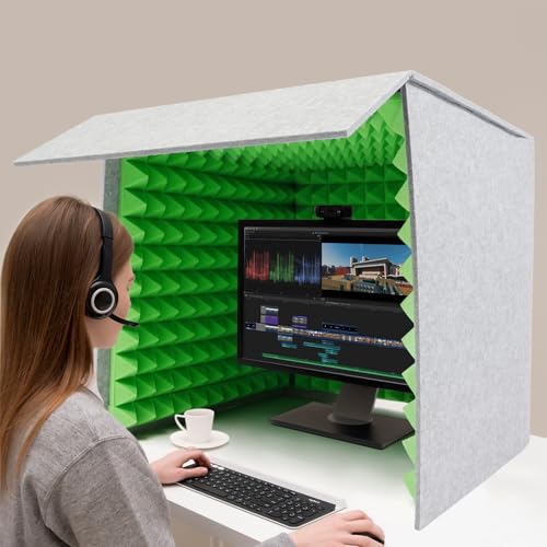 Etrhdfyts Vocal booth,Tragbare Gesangskabine, 5cm Dicke Akustikschaumstoff + 12mm Dicke 60x60x60cm Akustikpaneele, Faltbar Schalldämmung Schallschutz Recording-Equipment (Grau+Grün)