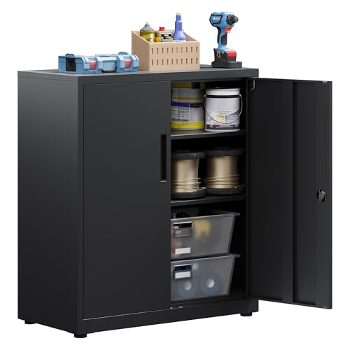 Aktenschrank, abschließbarer Garagenschrank, 3 Ebenen Büroschrank, Werkstattschrank mit verstellbaren Regalen, für Büro, Garage und Hauswirtschaftsraum, schwarz