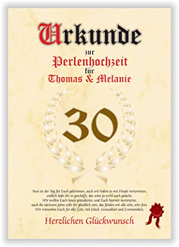 Urkunde zum 30. Hochzeitstag - Perlenhochzeit - Geschenkurkunde Perlen Hochzeit personalisiertes Geschenk Karte zum Ehrentag XXL DIN A4