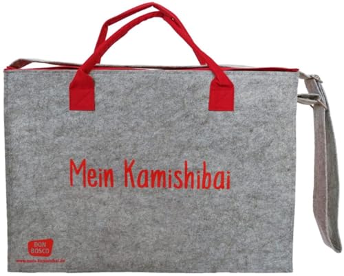 Umhängetasche "Mein Kamishibai". Modell 2019, Grau (Zubehör für das Erzähltheater Kamishibai): Modell 2022. Grauer Filz, rote Seitenteile, verstärkter ... die Hand, längenverstellbarer Schulterriemen