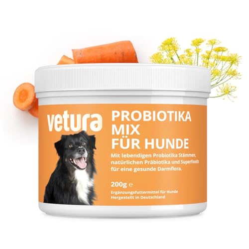 Vetura Probiotika-Mix für Hunde - Darmflora & Immunsystem aufbauen, Präbiotika & Probiotika Pulver 200g, Darmkur für Hunde nach Antibiotika/Wurmkur, Made in Germany, allergiefreundlich & natürlich