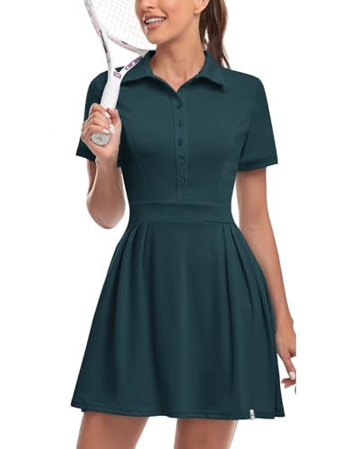 Soneven Damen Tenniskleid mit Hose Tennis Kleidung Set Ärmellos A-Linien Sportkleider Sommerkleid Golfkleid Für Sport Tennis Golf Baseball,Grün,M