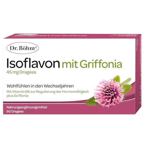 Dr. Böhm Isoflavon mit Griffonia: Für Wohlbefinden und innere Balance während der Wechseljahre, mit Vitamin B6, Soja- und Rotklee-Extrakt, 60 Dragees