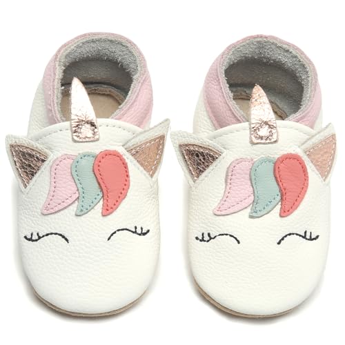 IceUnicorn Krabbelschuhe Baby Lauflernschuhe Jungen Weiche Leder Babyschuhe Kleinkind Lederschuhe mädchen Babyhausschuhe(Einhorn Baise,6-12)