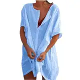 Strandkleid Damen Bikini Cover Up Elegant Leicht Strandtunika Sommer Button Down Kurzarm Beach Strandponcho Pareos Locker Bademode Sarong Musselin Bluse Vertuschen Shirt