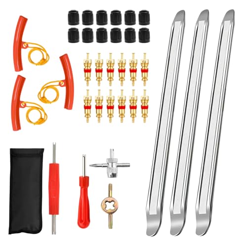 Ftrule 35 pcs Reifenheber Reifen Montiereisen, Reifenmontierhebel 30 cm, Reifenmontage Werkzeug, Montierhebel Reifen, mit 3 Felgenschützern, Reifenventil Kit, für Fahrrad, Motorrad, Auto