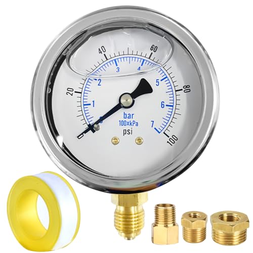 62mm Manometer BSP 0-7 Bar 0~100 Psi Edelstahl Flüssigkeitsgefülltes Manometer mit Buchse 1/4" bis 3/8", 1/4" bis 1/2" und Hex Nippel Reduzierend 1/4" auf 1/8", für WOG Wasser Öl Gas Center Back Mount